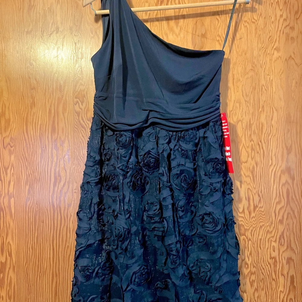 NWT EnFocus Studio one-shoulder, rose-embellished Navy Blue mini dress